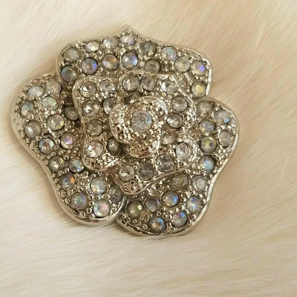 Vintage Victorian Flower Brooch Blue Rhinestone Coquette Boho Silver Tone 5295